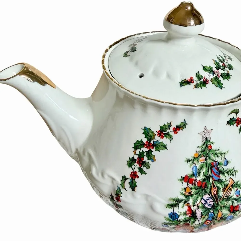 Vintage Schmid England Porcelain Christmas Musical Teapot WORKS O Xmas Tree